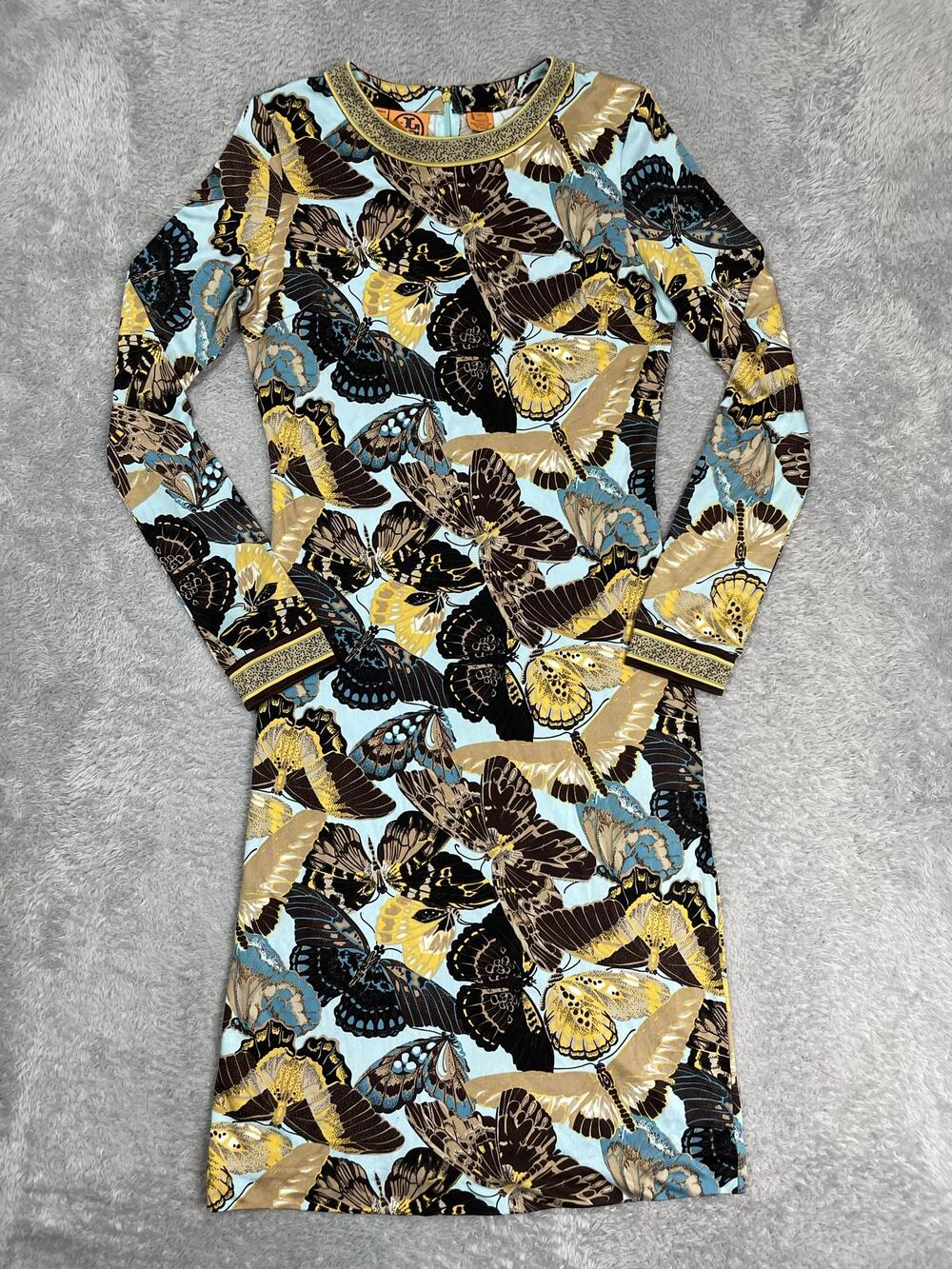 Tory Burch Shift Dress Womens XS Multicolor Butterfly Crew Neck Silk Long Sleeve